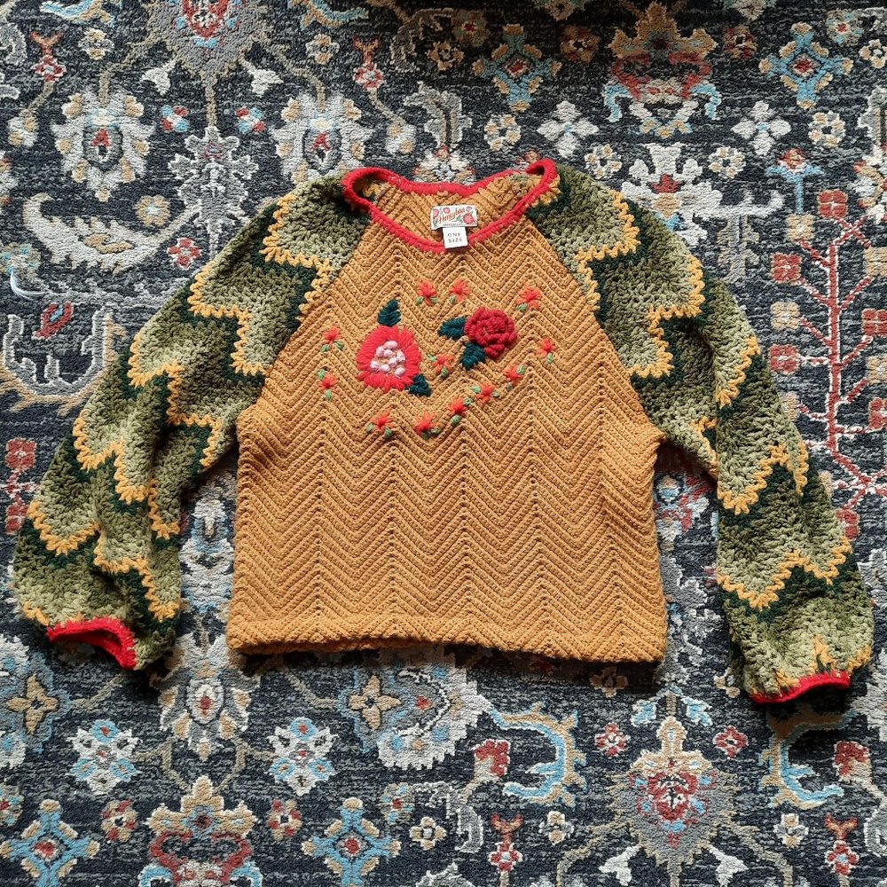 Handcrafted Mustard Floral Crochet Sweater - Crew Neck